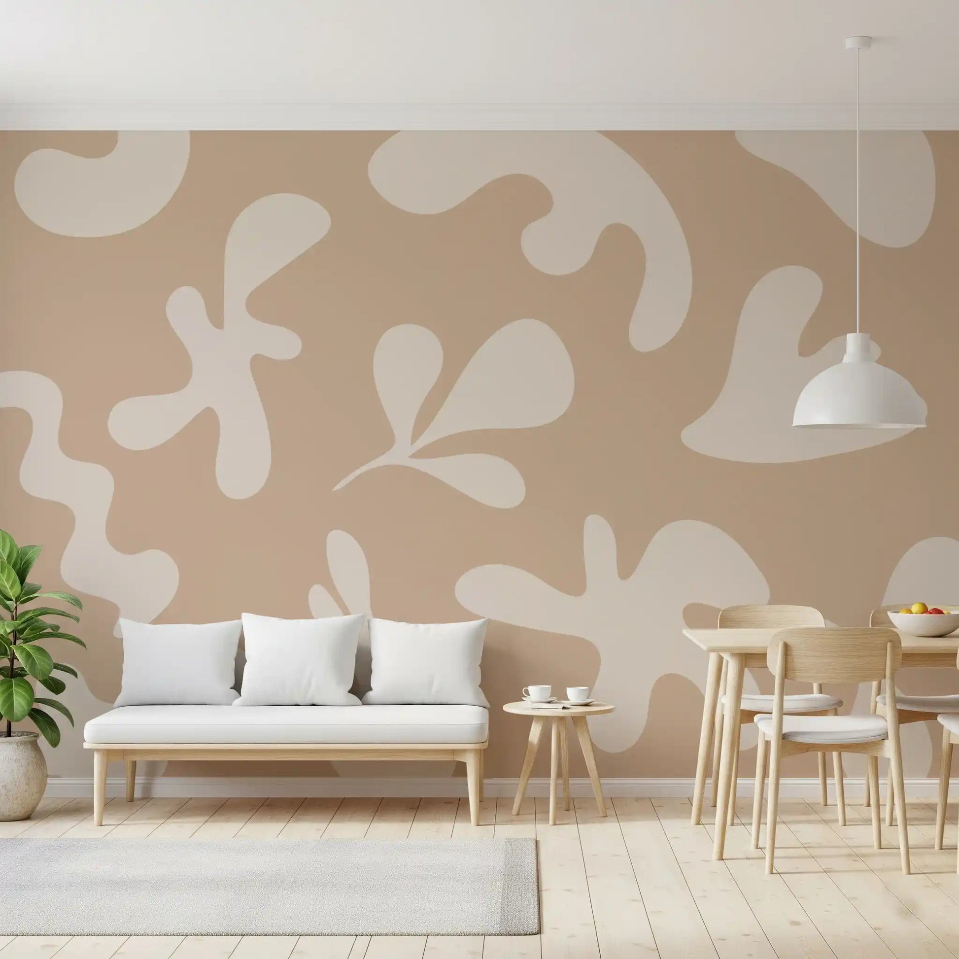 Dining area setup with Organic Flow in Beige wall mural in modern abstract style