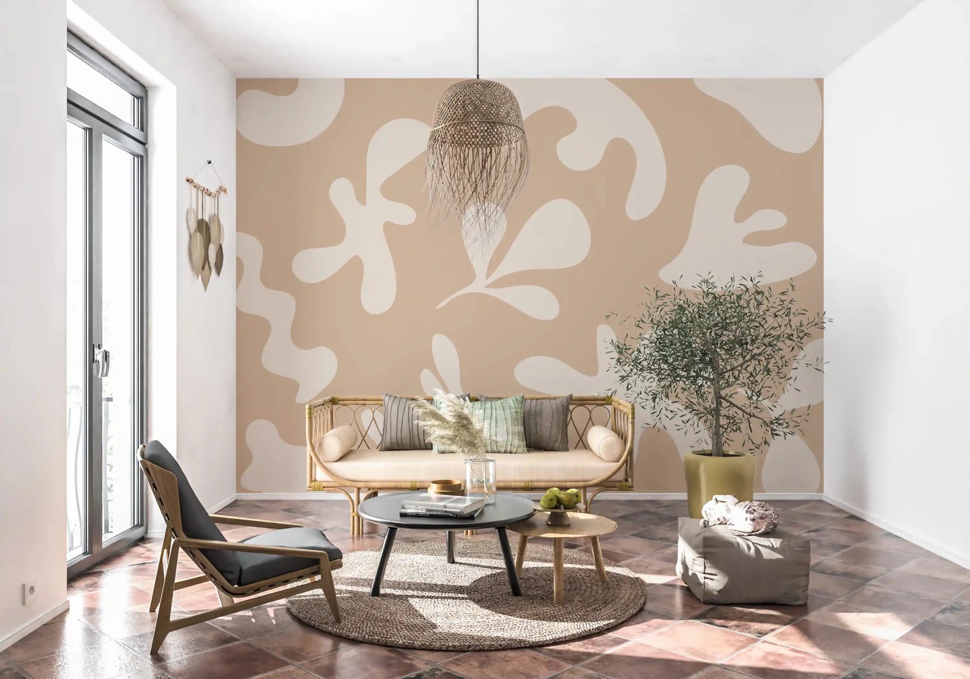 Abstract beige wall mural with Organic Flow soft neutral pattern design