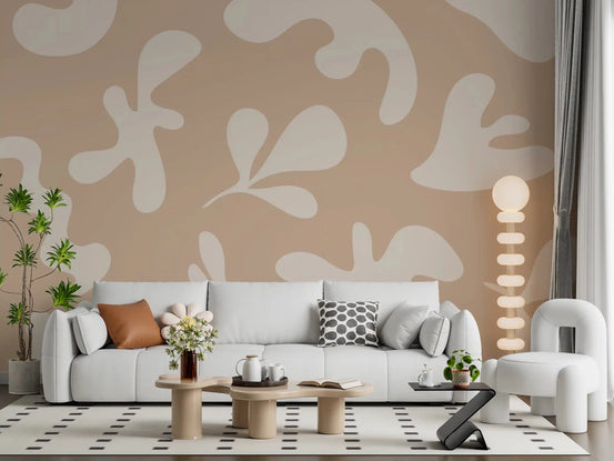 Living room with Organic Flow in Beige wall mural in soft abstract beige shapes, GD9392
