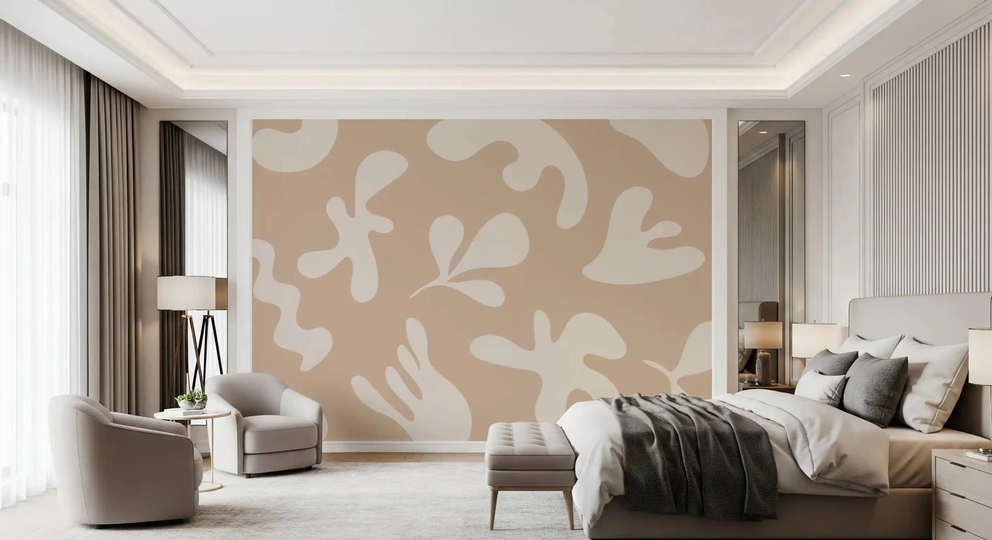 Bedroom wall featuring Organic Flow in Beige wall mural in neutral tones
