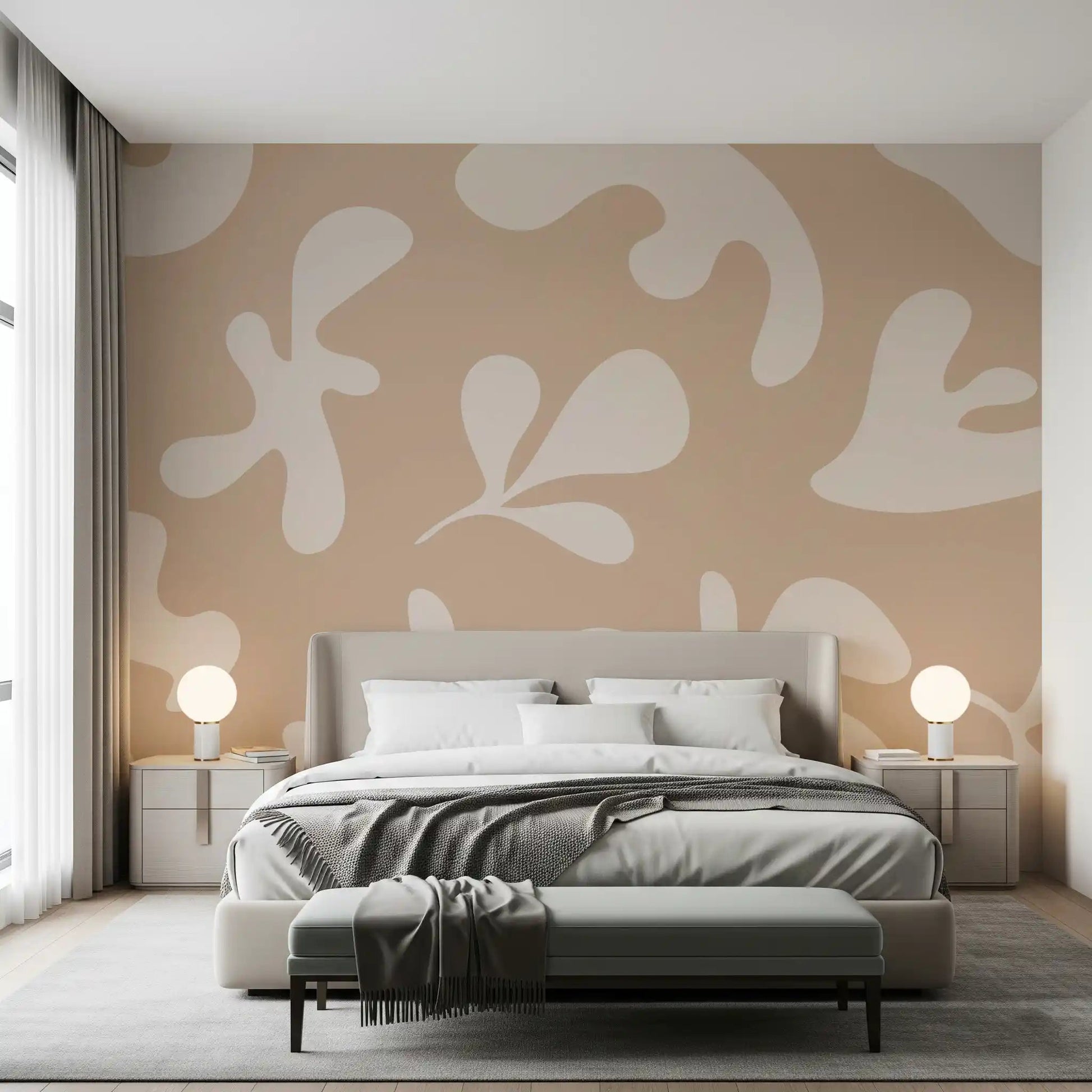 Bedroom styled using Organic Flow in Beige wall mural with cream patterns