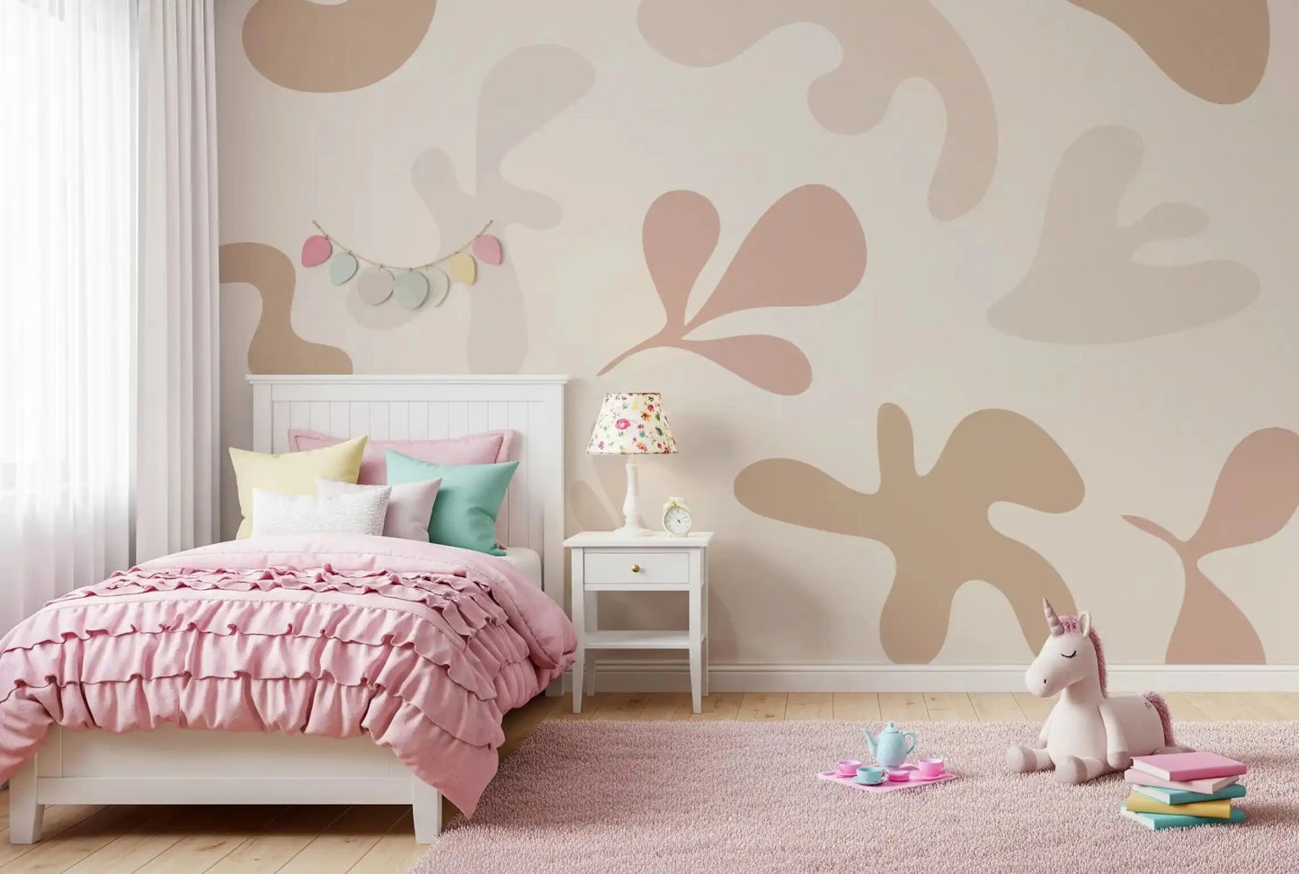Bedroom styled Organic Flow mural soft beige pink pattern