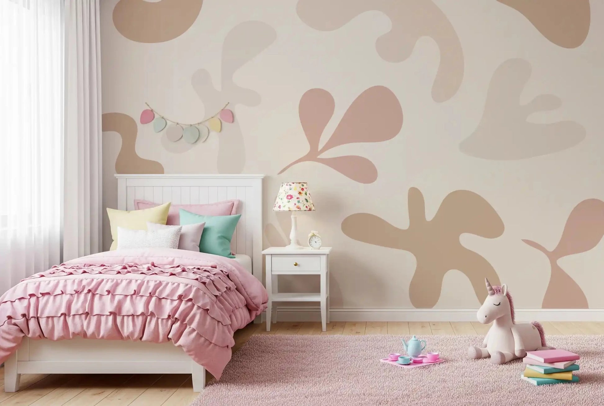 Bedroom styled Organic Flow mural soft beige pink pattern
