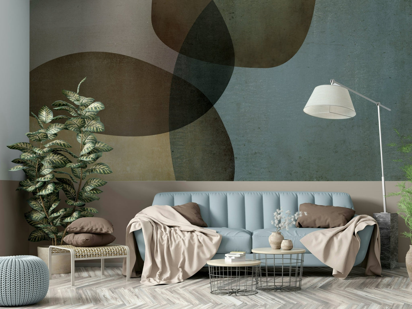An elegant wall mural with a soft abstract design.

