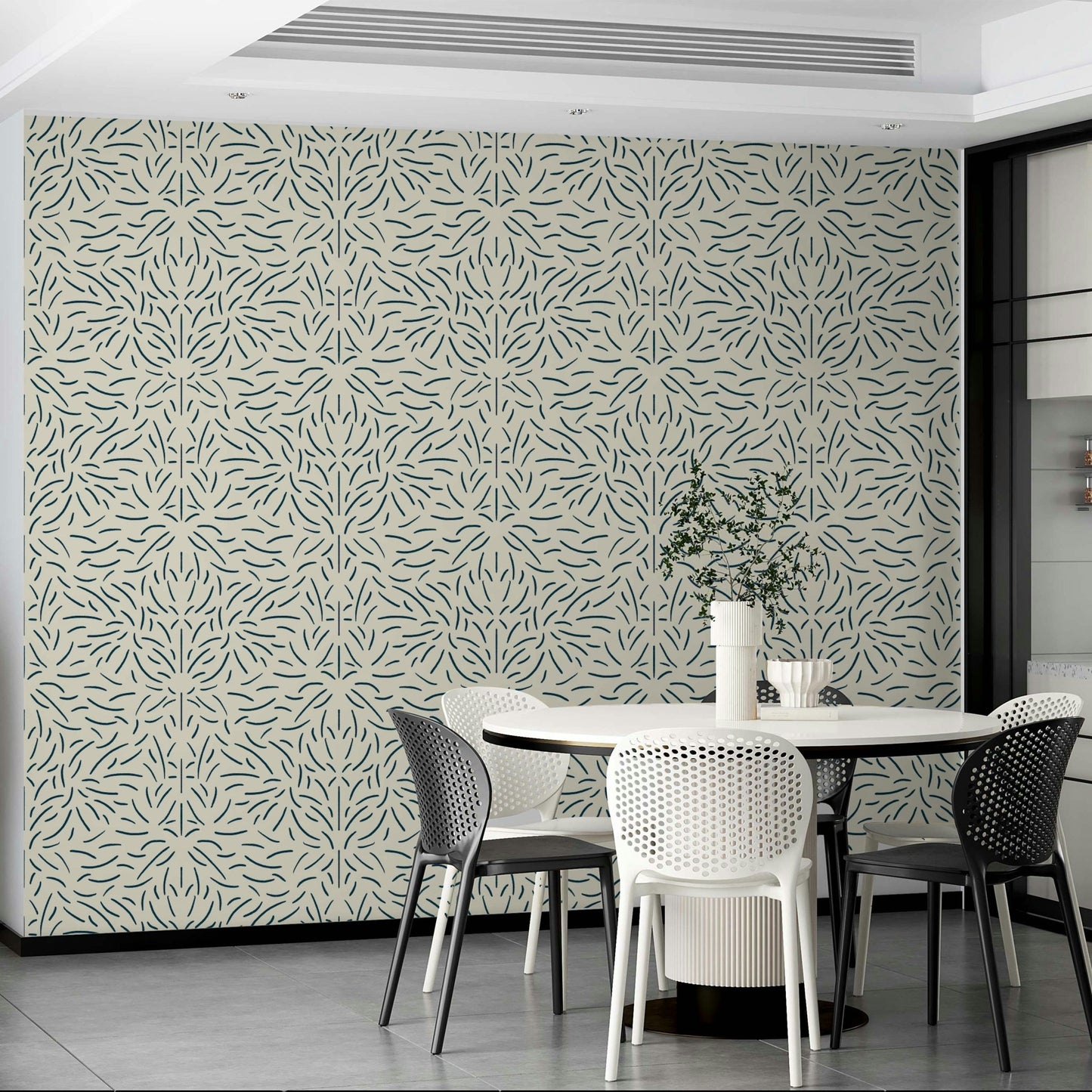 Neutral tones in organic flow wallpaper for calm spaces.

