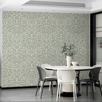 Neutral tones in organic flow wallpaper for calm spaces.

