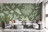Organic Green Flow Botanical Wall Mural with layered leaves, GD9163