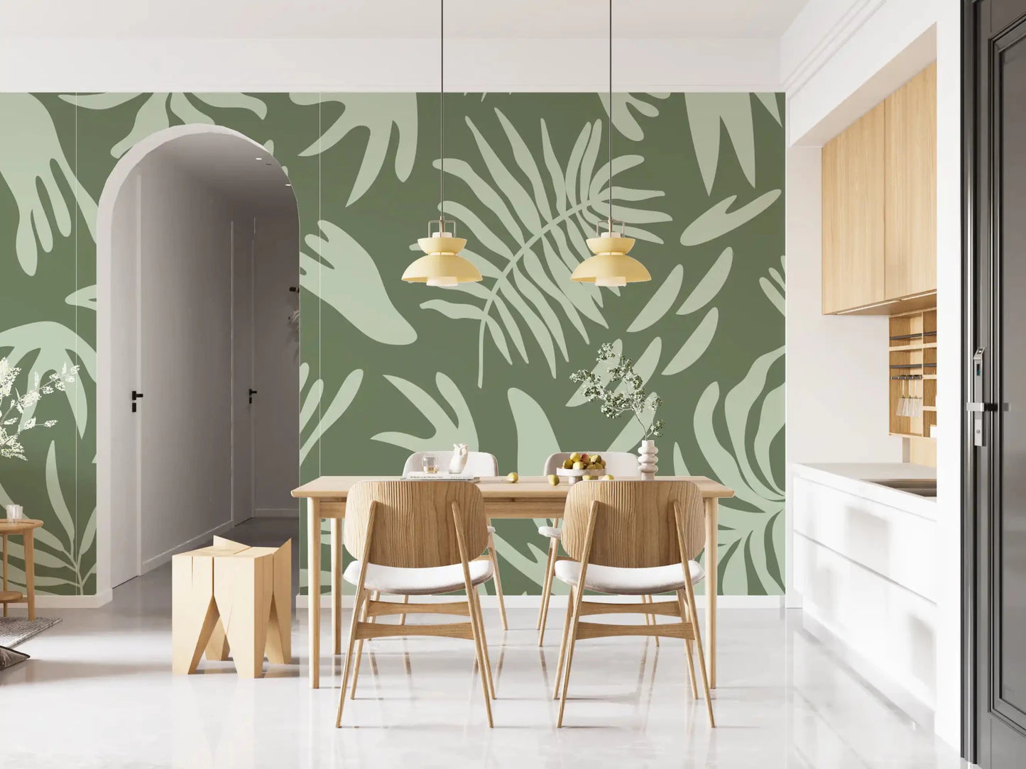 Dining room with Organic Green Flow Abstract Wall Mural look, GD9163