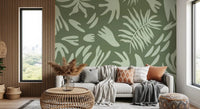 Living room with Organic Green Flow Botanical Wall Mural pattern, GD9163