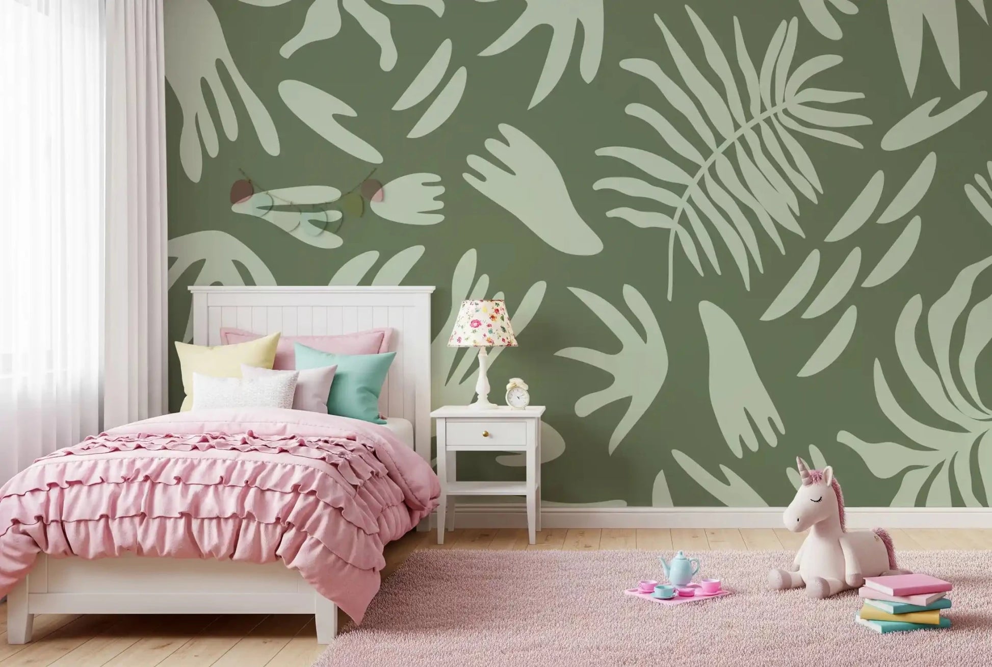 Minimal botanical Wall Mural in Organic Green Flow tones, GD9163