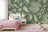Minimal botanical Wall Mural in Organic Green Flow tones, GD9163