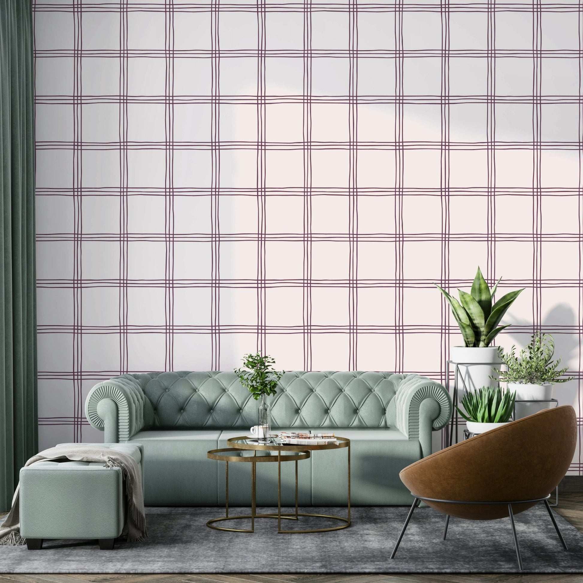 Modern grid mural with soft beige and mauve

