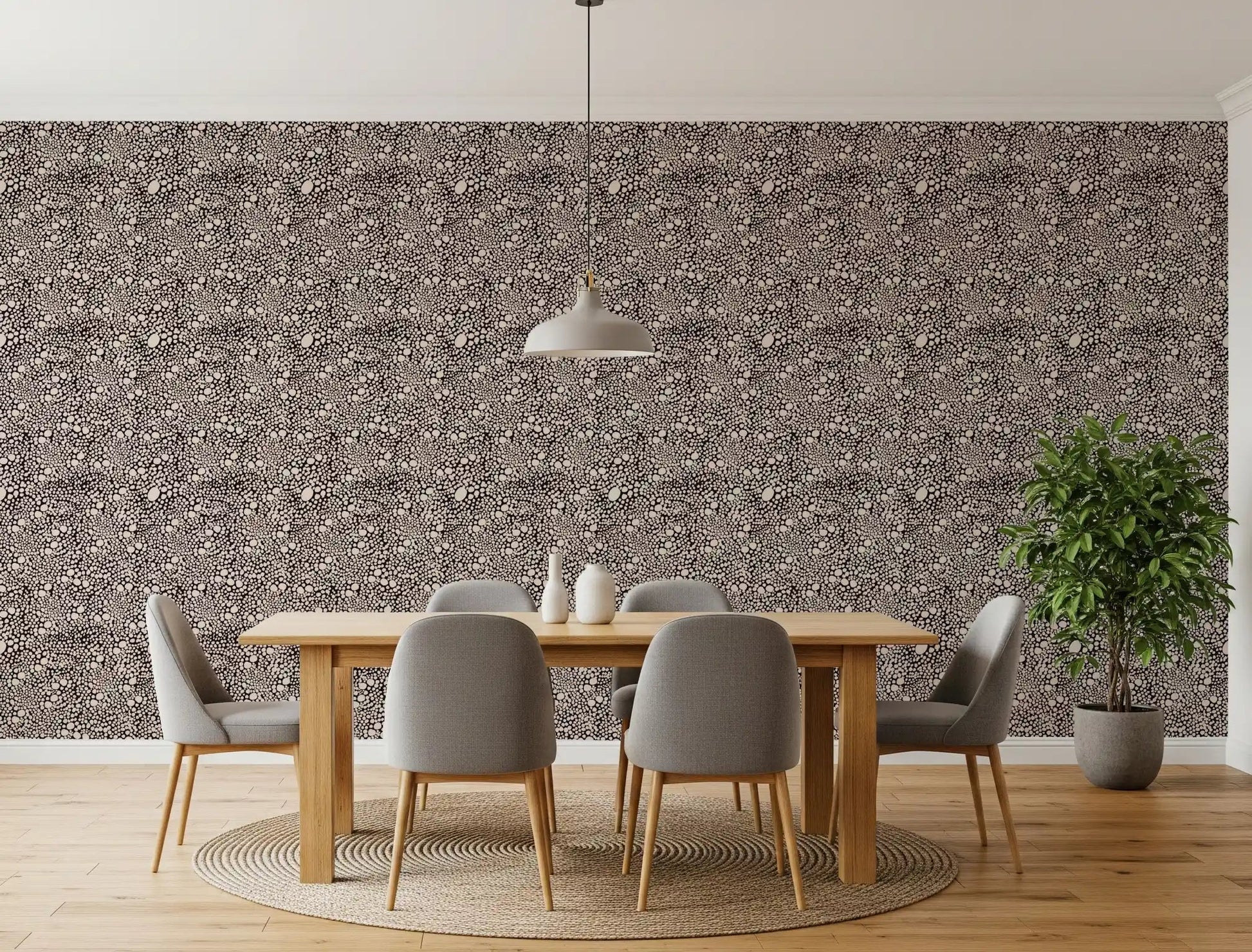 Kitchen-dining backed by the rustic pebble cluster wallpaper at full scale
GD9501
