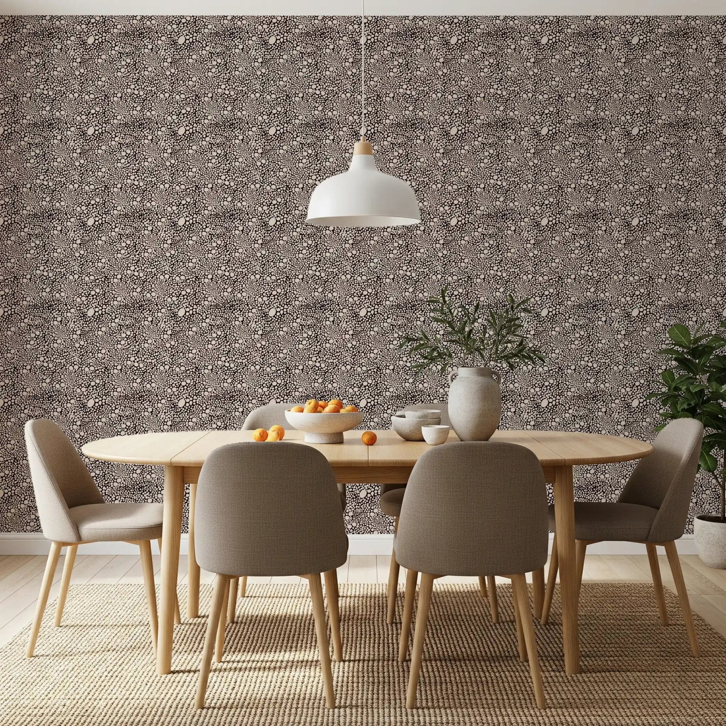 Dining room finished in the deep brown pebble dotted wallpaper top to bottom
GD9501
