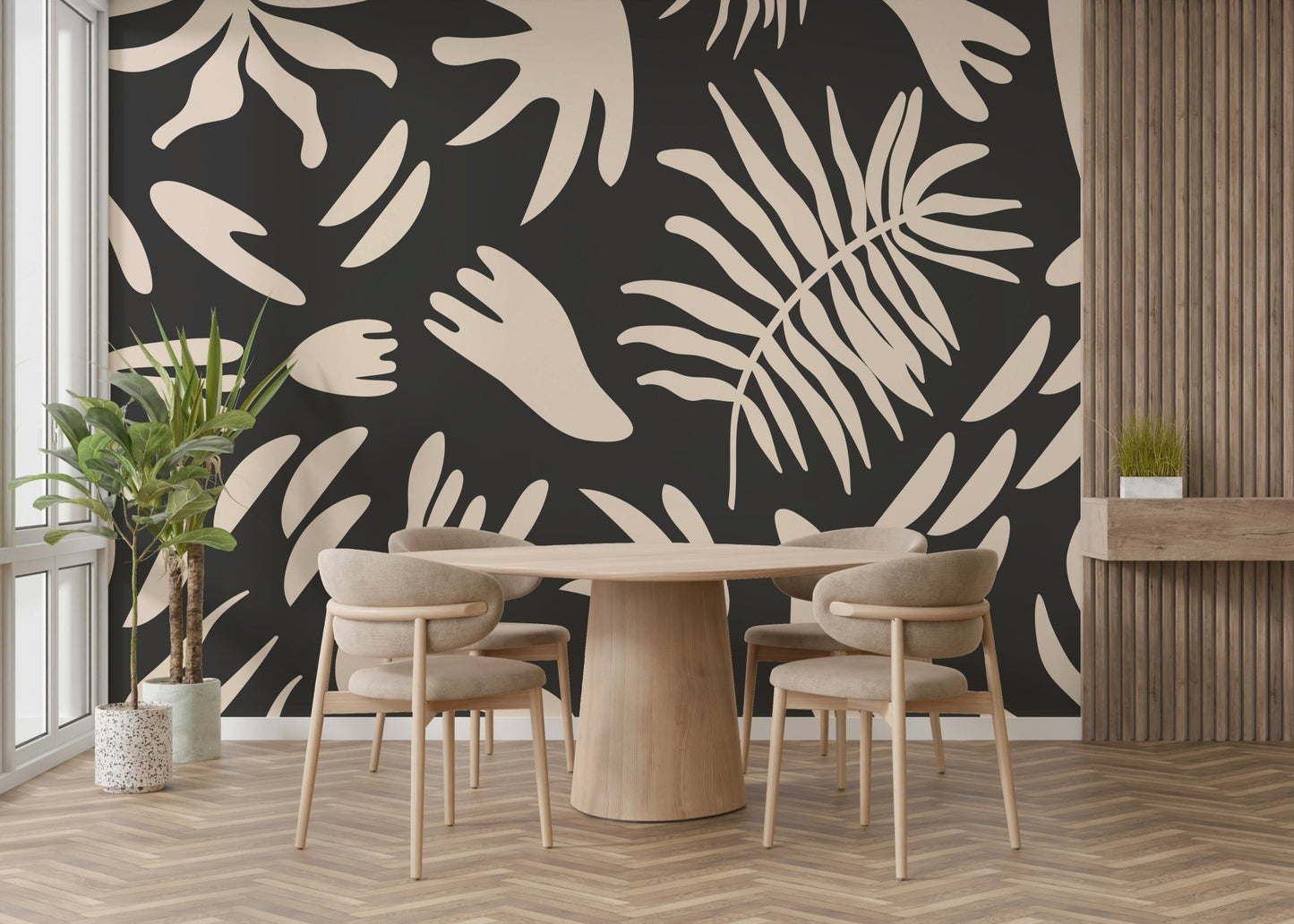 An artistic organic shape mural on minimalist wallpaper., GD5104