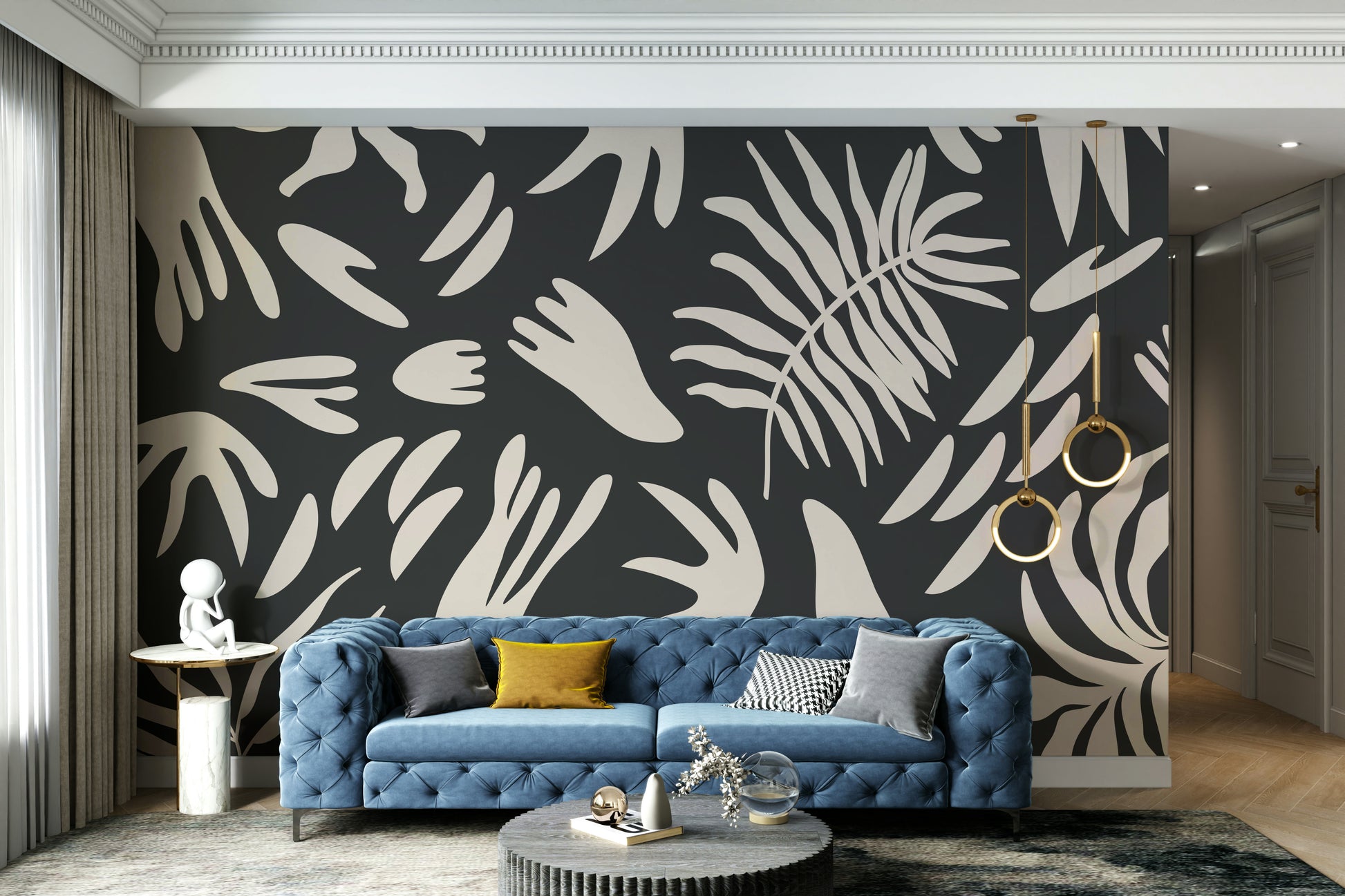 A graceful subtle line wall mural in cool, natural tones.

