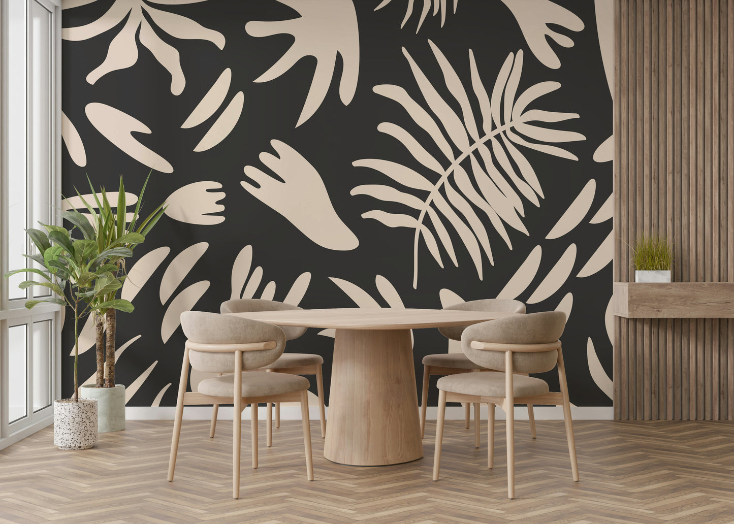 An artistic organic shape mural on minimalist wallpaper.

