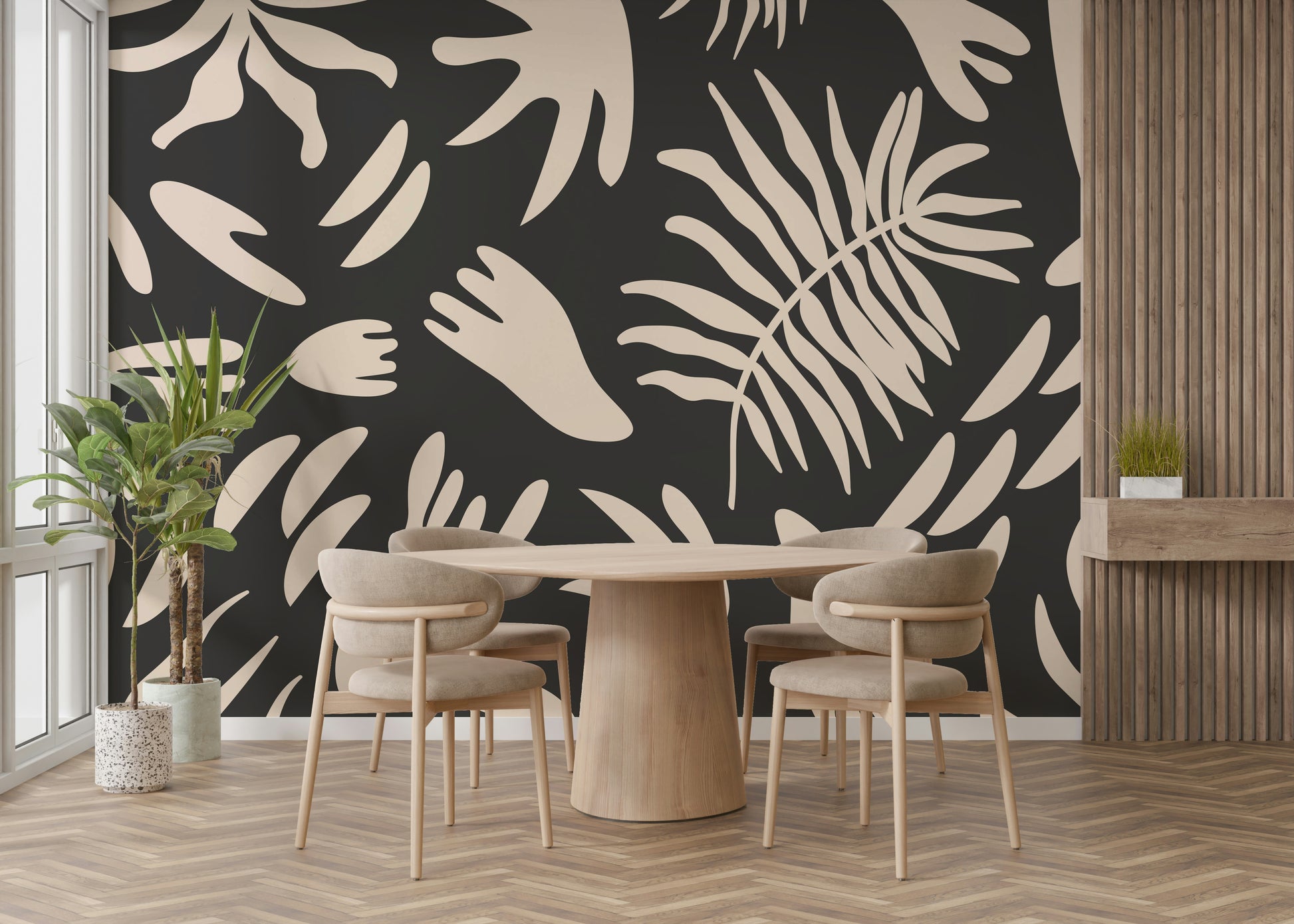 An artistic organic shape mural on minimalist wallpaper.


