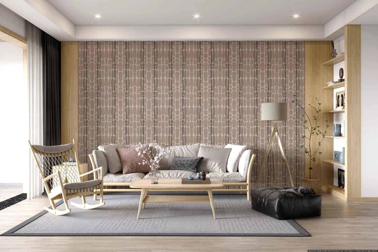 Calm earth tones move across the lounge with Organic Stone Mosaic wallpaper.GD9555