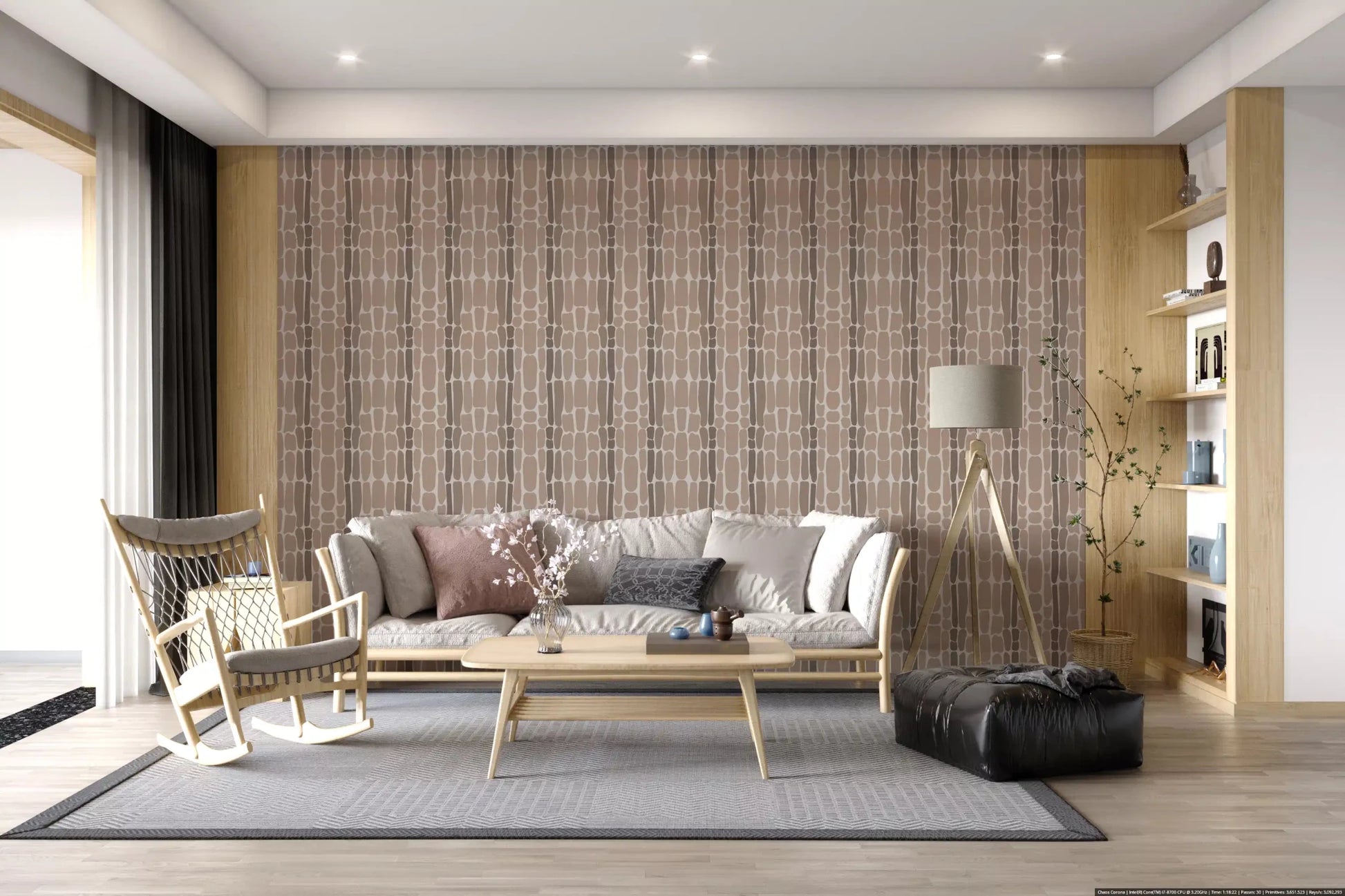 Calm earth tones move across the lounge with Organic Stone Mosaic wallpaper.GD9555