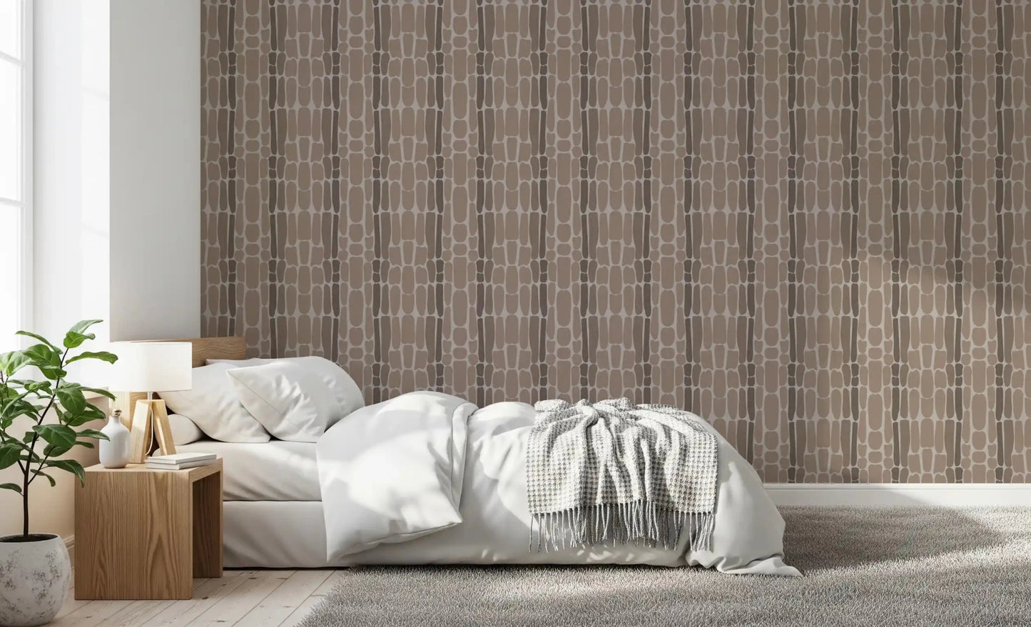 Beige and brown ovals layer along a bedroom backdrop with this Stone Mosaic wallpaper.GD9555