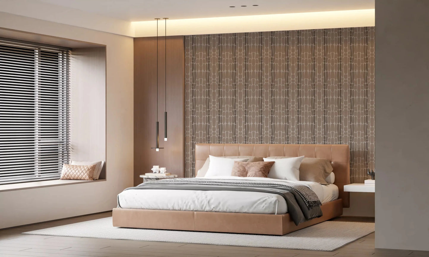 Vertical pebble layers settle into a master bedroom with Organic Stone Mosaic wallpaper.GD9555