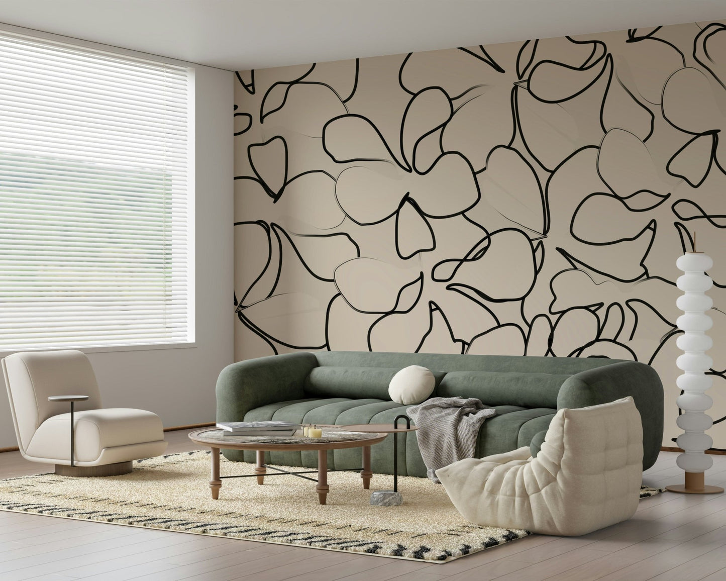 Interlocking organic outlines in black across a warm-toned wall mural., GD5479