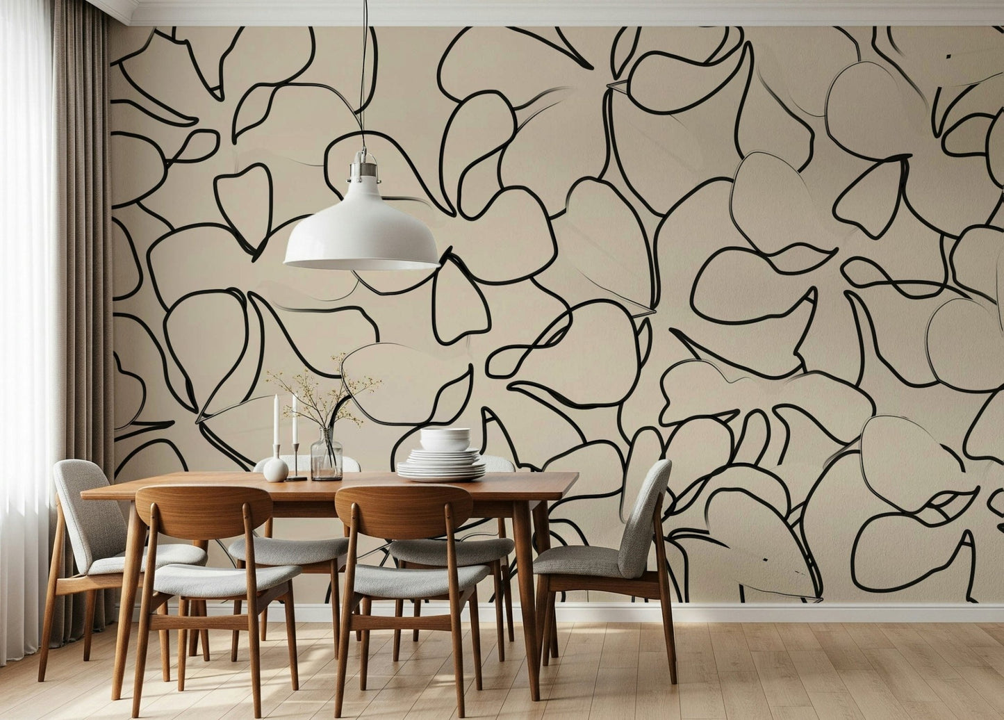 Overlapping botanical line forms covering the surface of a wall mural., GD5479
