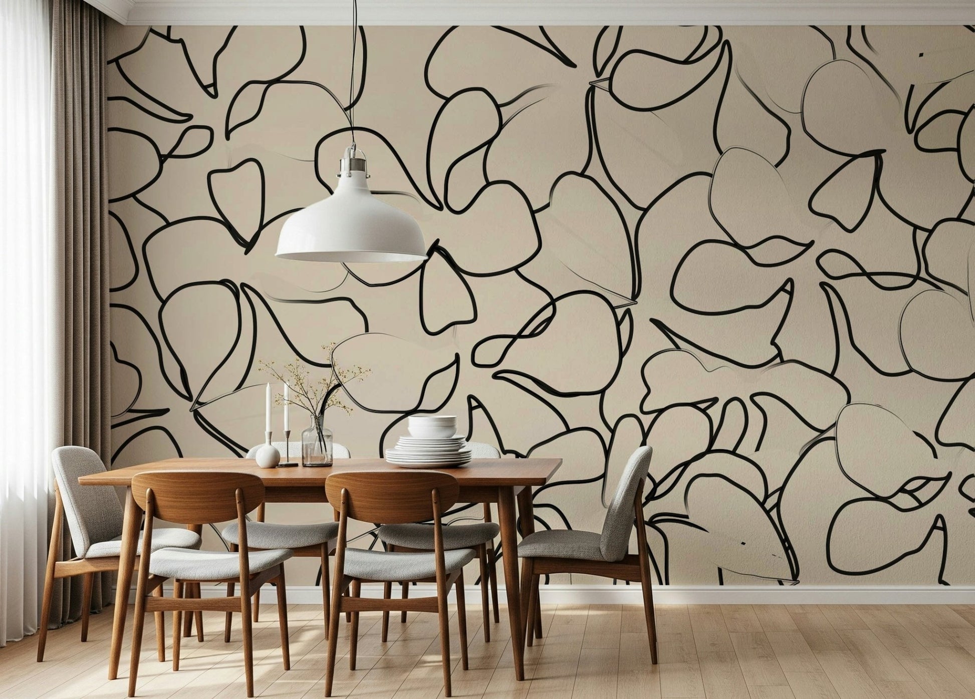 Overlapping botanical line forms covering the surface of a wall mural., GD5479
