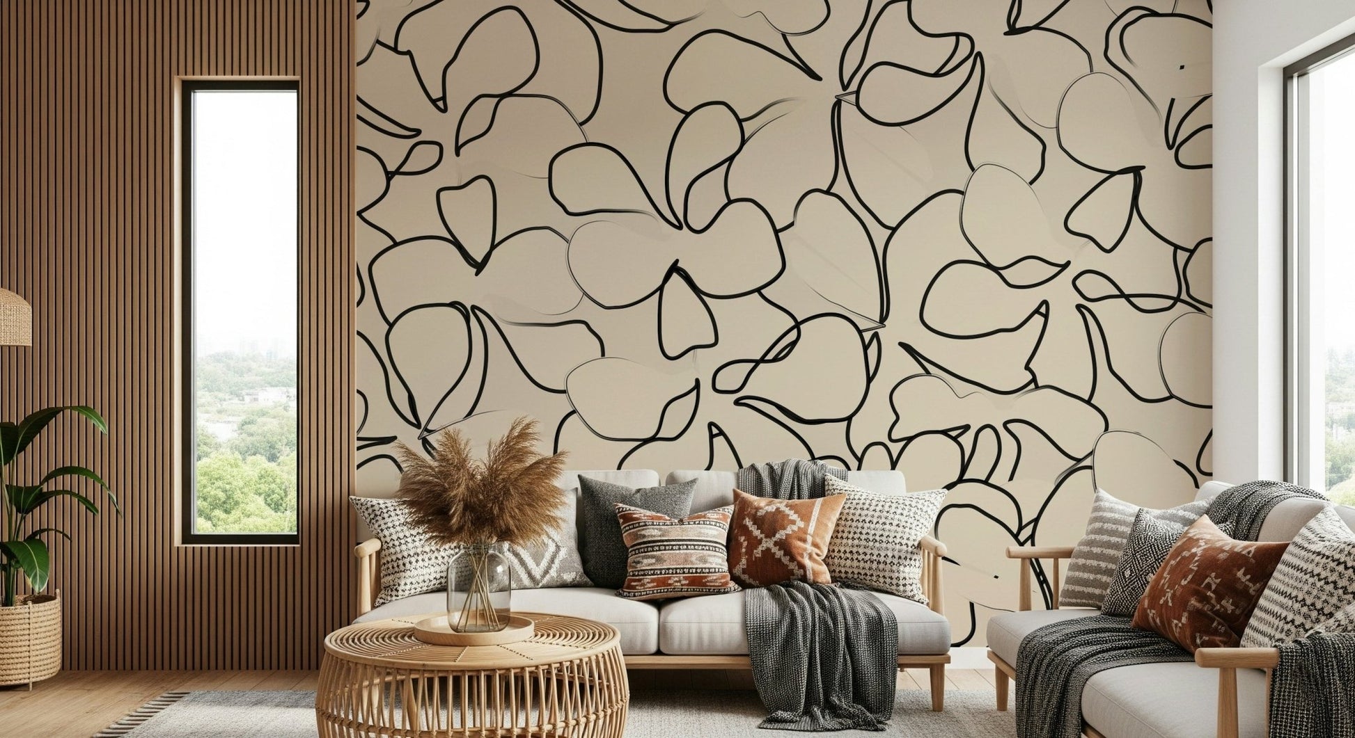 Black ink-like organic curves tracing petals on a cream wall mural., GD5479