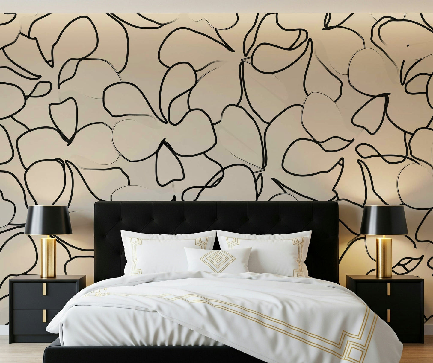 Flowing black petal lines on beige wall mural in a bedroom space., GD5479