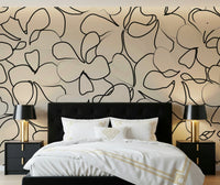 Flowing black petal lines on beige wall mural in a bedroom space., GD5479