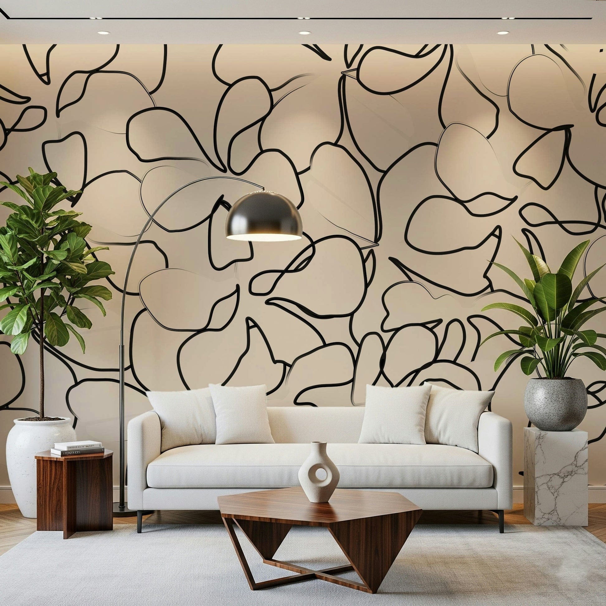 Gestural botanical wall mural with continuous black contour lines in living room., GD5479