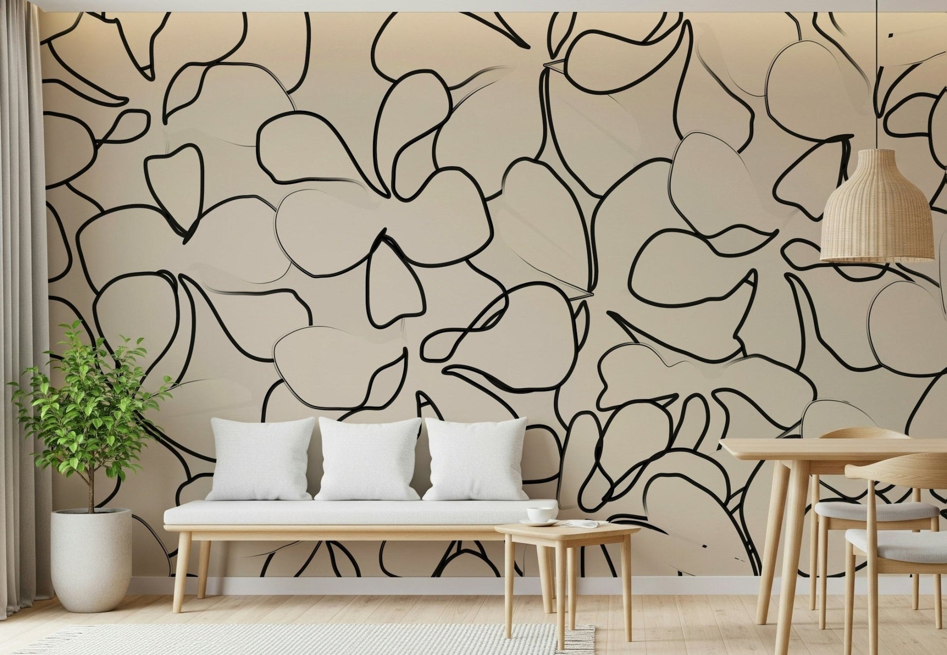 Varied line weights tracing leaf and petal shapes on beige wall mural., GD5479
