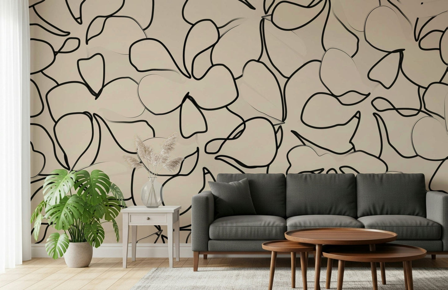 Organic Trace Wall Mural with black botanical outlines on warm beige., GD5479