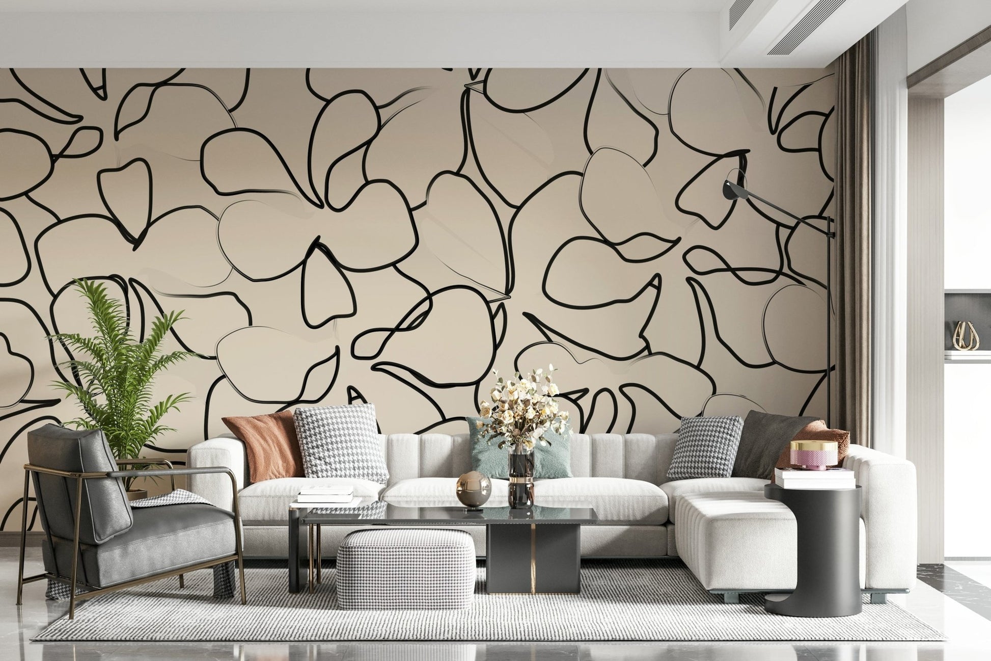 Loose black petal outlines filling a monochrome beige wall mural., GD5479