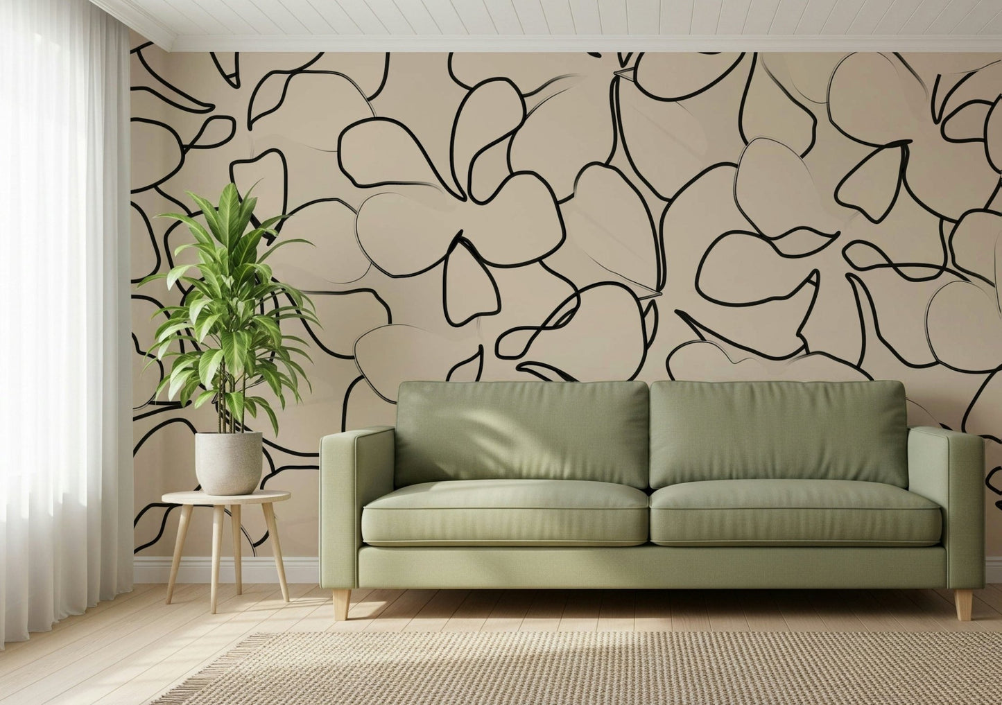 Dense flowing petal and leaf outlines in black on a beige wall mural., GD5479