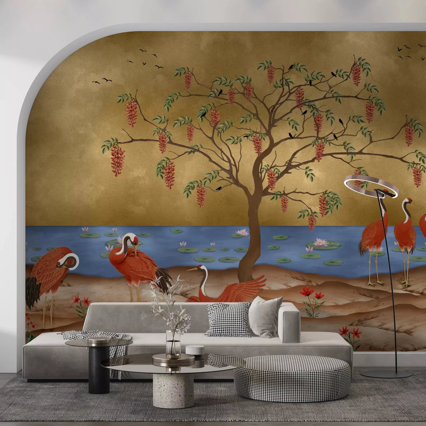 Scenic golden waters and crane wall mural in a bright dining area., GD8996