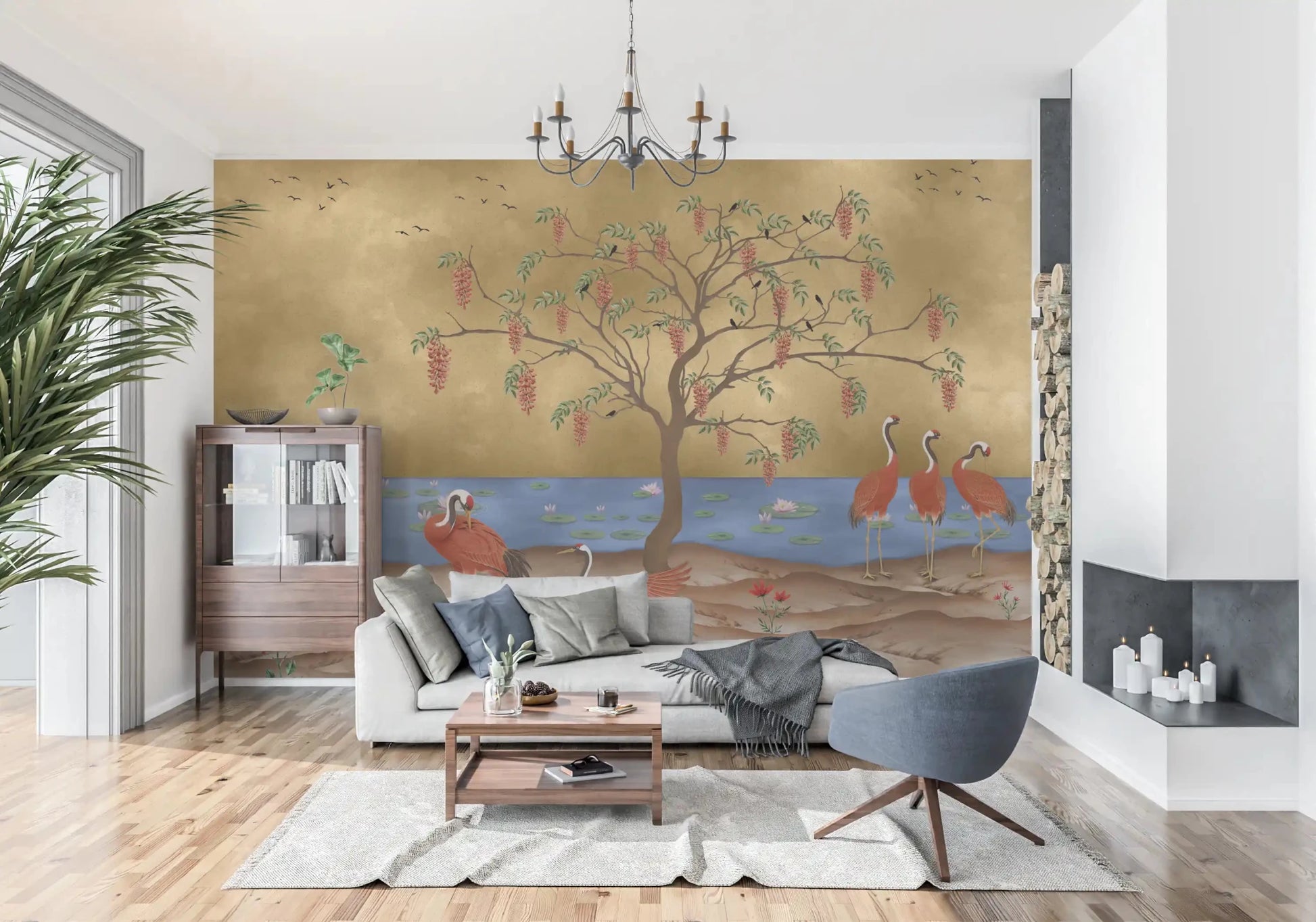 Traditional golden landscape wall mural with red floral accents., GD8996