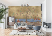 Traditional golden landscape wall mural with red floral accents., GD8996