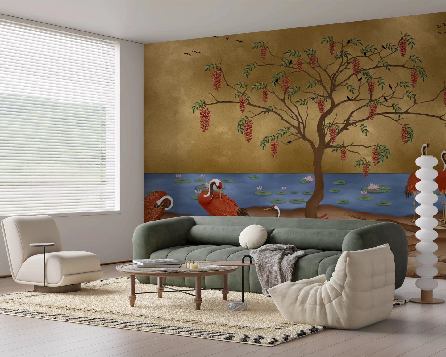 Red cranes and golden nature wall Mural in a minimalist lounge room., GD8996