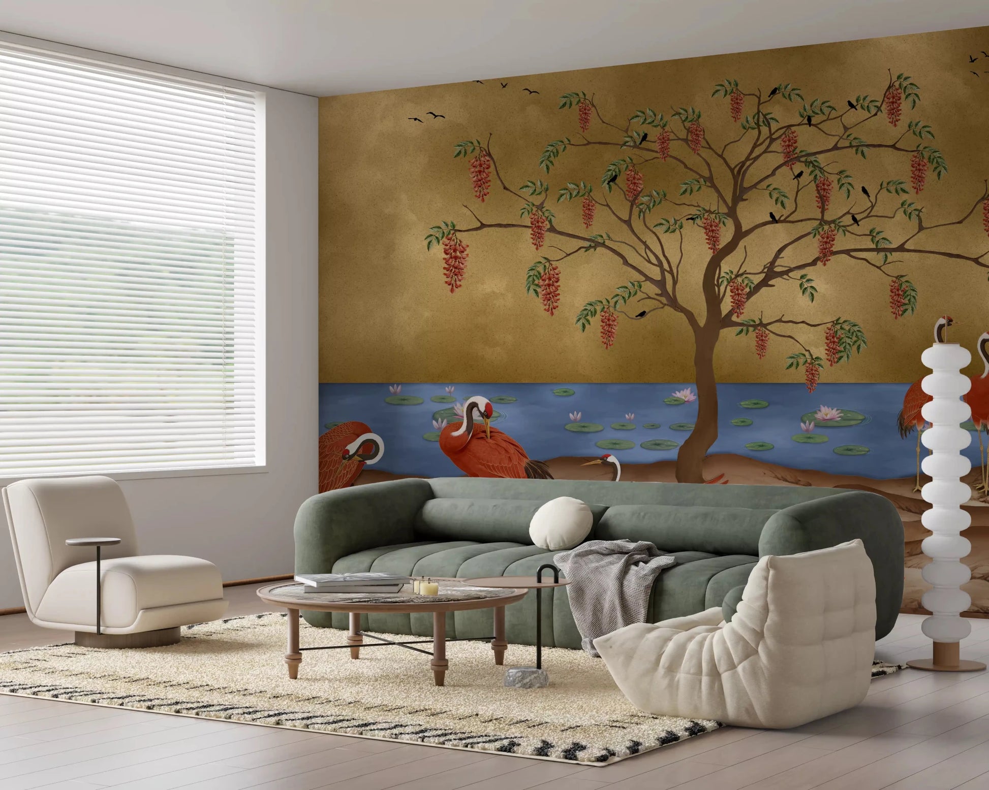 Red cranes and golden nature wall Mural in a minimalist lounge room., GD8996
