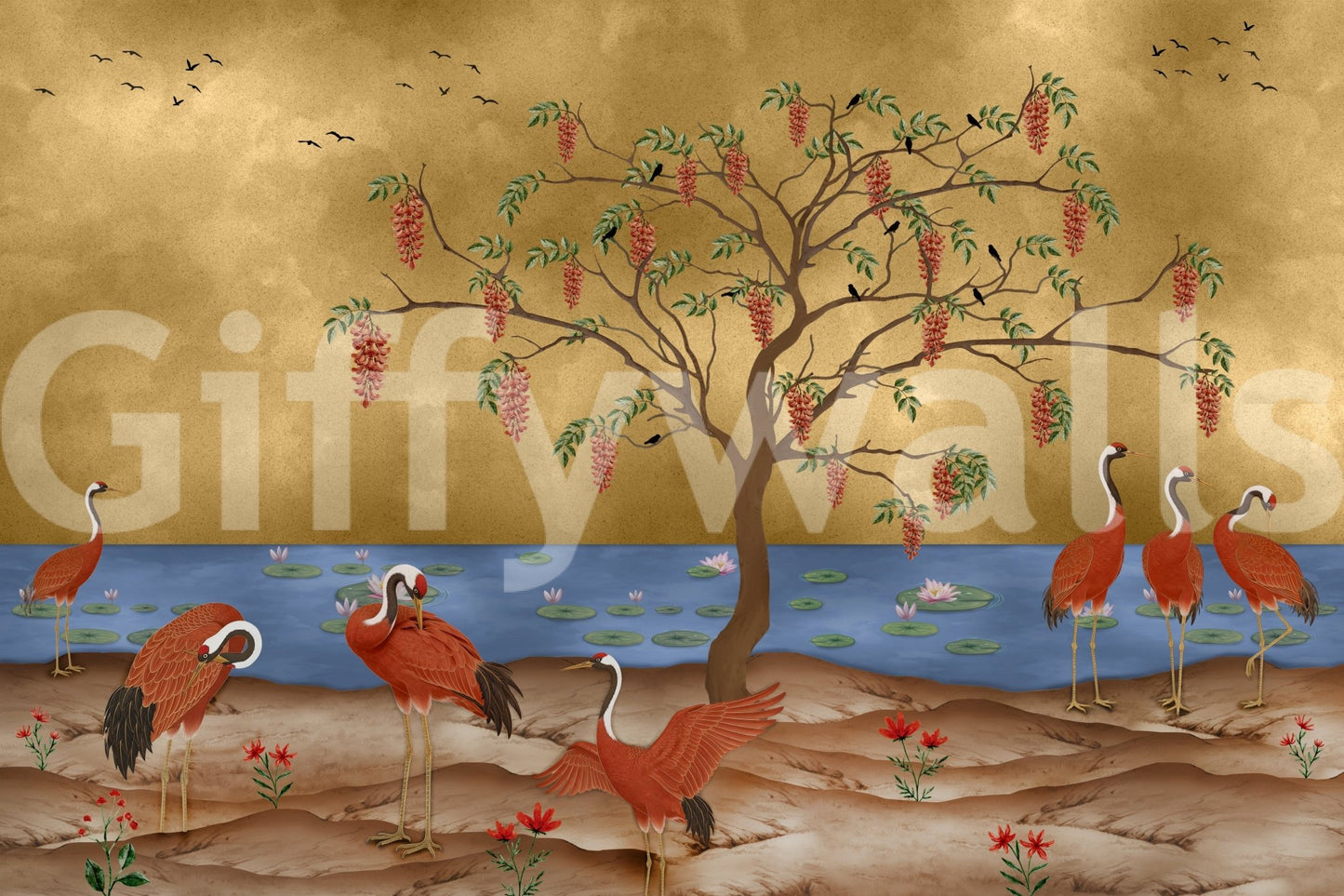 Rich gold and blue colour palette of the oriental crane mural., GD8996
