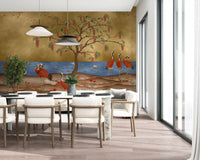 Close up of a tree with red blossoms on a golden wall mural., GD8996