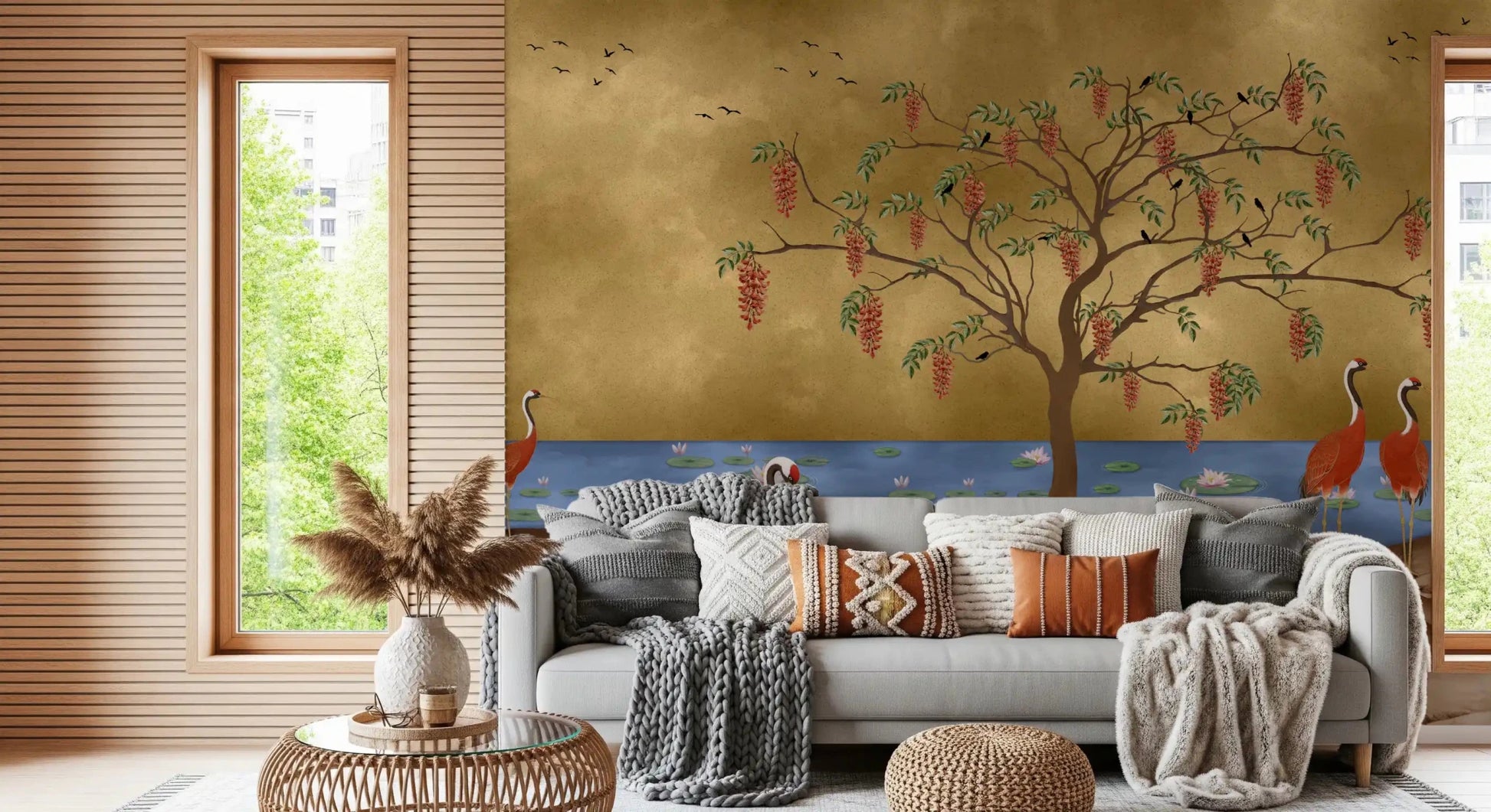 Gold wall mural with red blossoms and cranes for a living room., GD8996