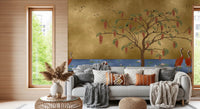 Gold wall mural with red blossoms and cranes for a living room., GD8996