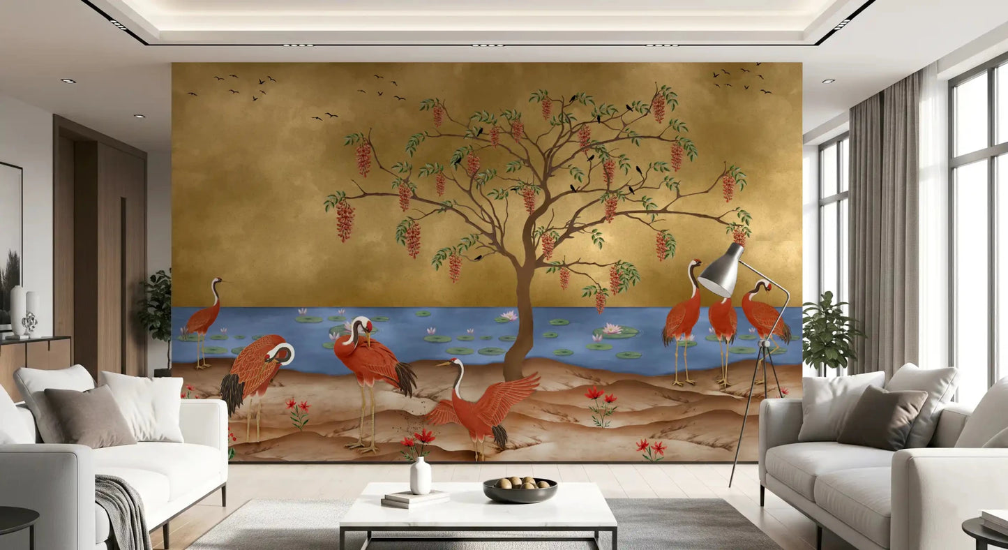 Detailed red cranes and golden water scene Wall mural design., GD8996