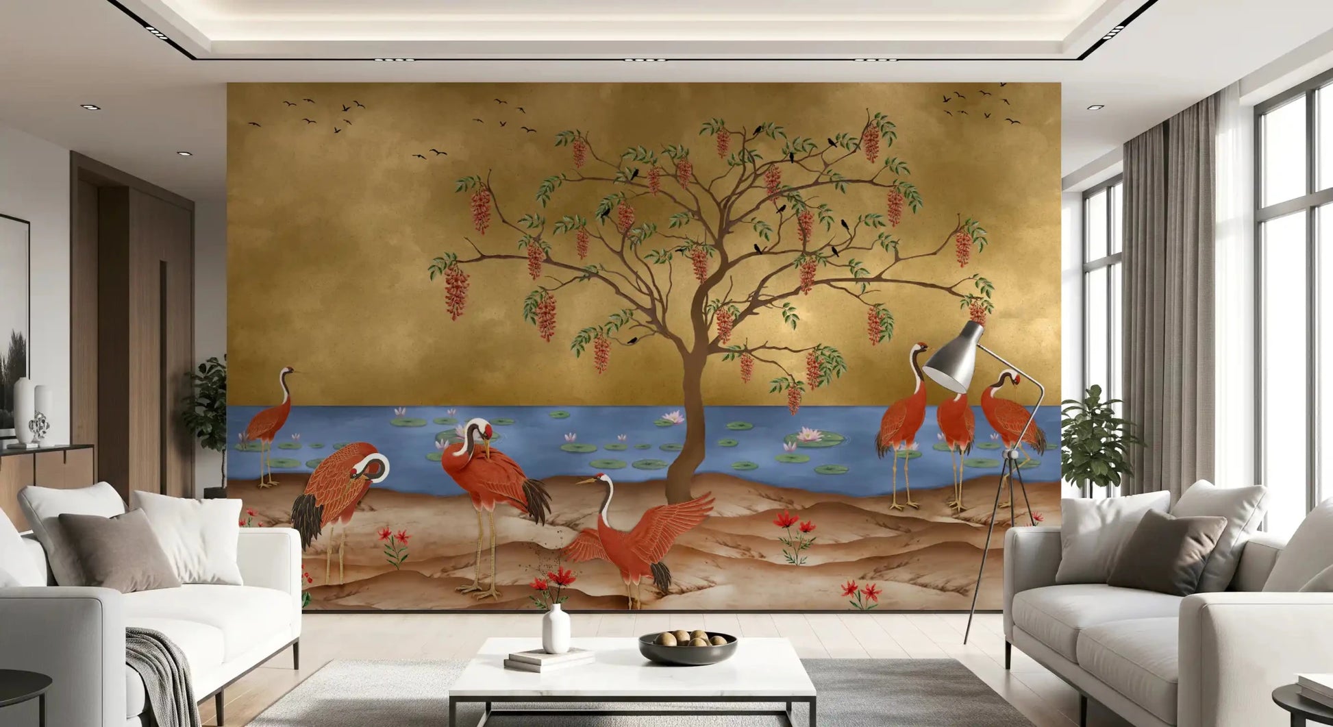 Detailed red cranes and golden water scene Wall mural design., GD8996