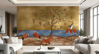 Detailed red cranes and golden water scene Wall mural design., GD8996