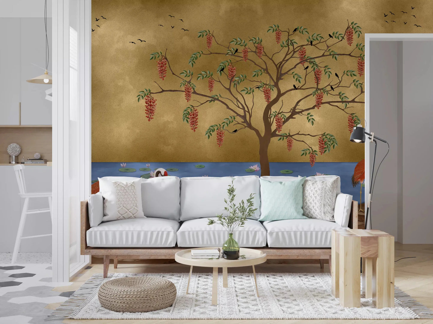Artistic oriental birds and calm blue water wall mural pattern., GD8996
